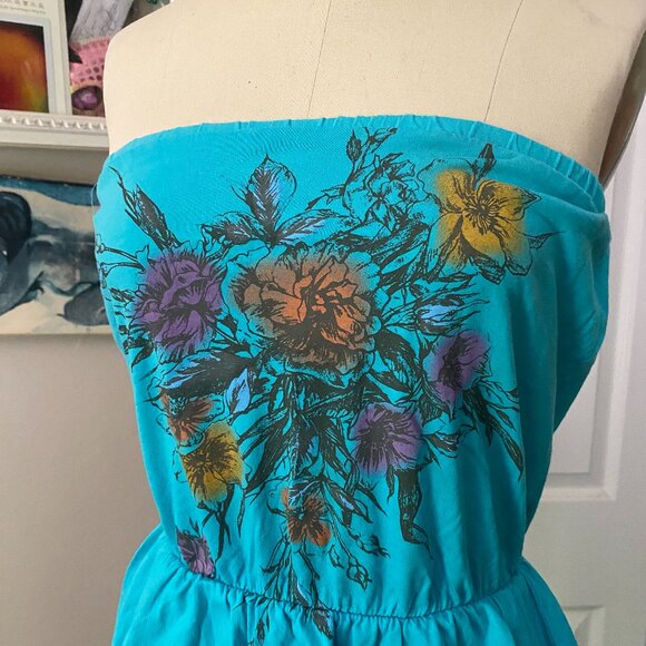 CRAFTY COUTURE Turquoise Floral Y2K Smocked waist Strapless TANK Shirt *X-SMALL* - Picture 2 of 5
